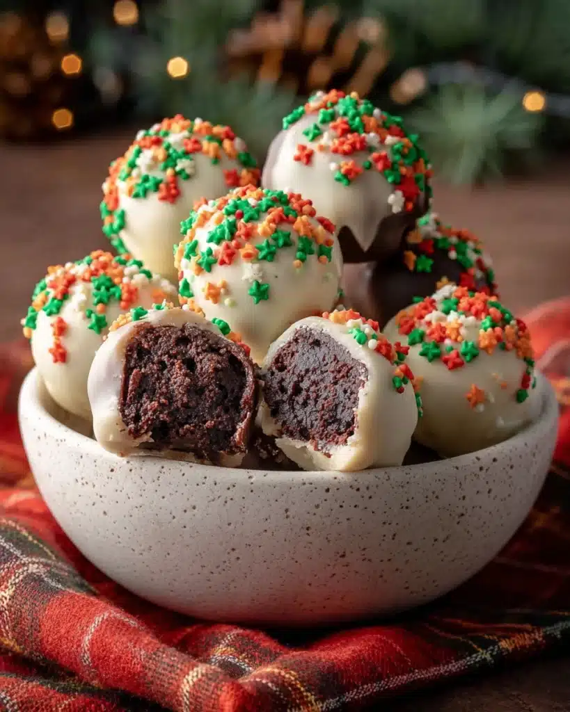 Festive chocolate bites with sprinkles in ceramic bowl