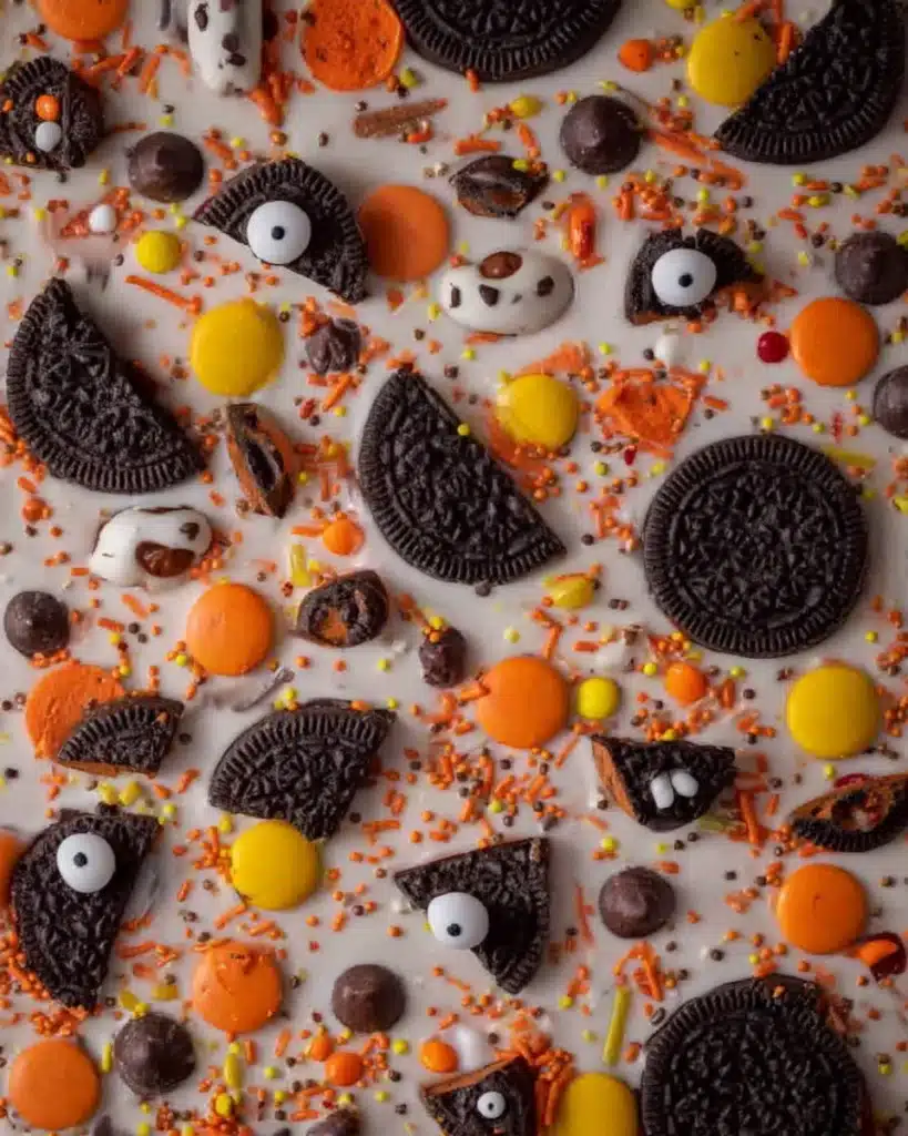 Close-up of Halloween Oreo bark with candy eyeballs and sprinkles