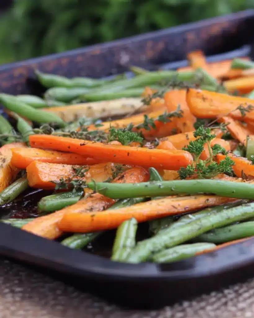 Flavorful roasted carrots and green beans on baking tray with herbs