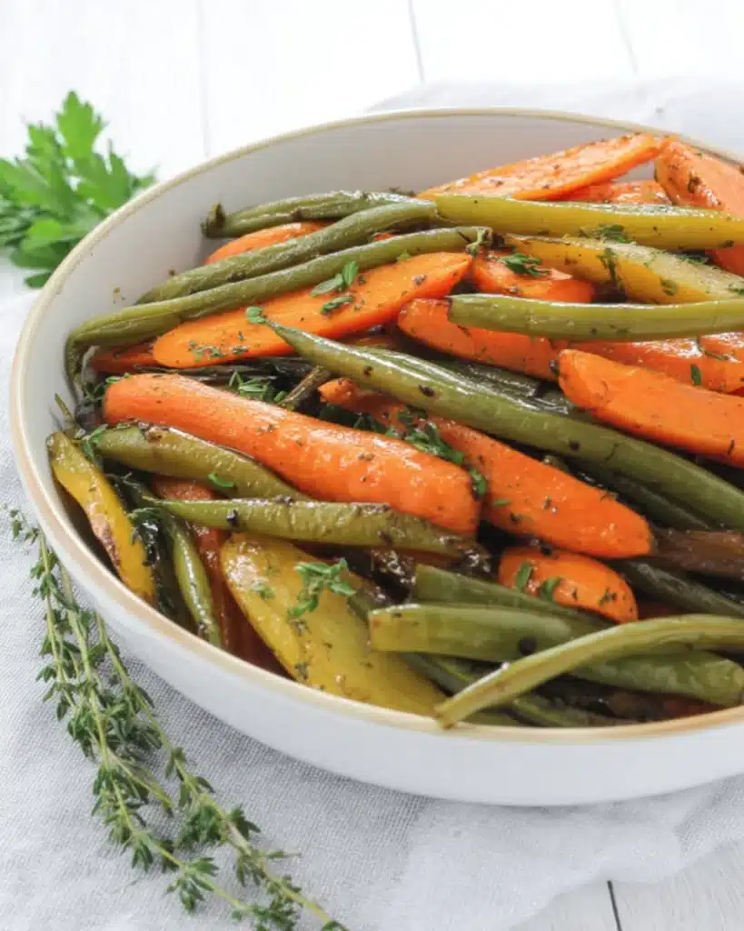 Roasted carrots and green beans with parsley in a white bowl