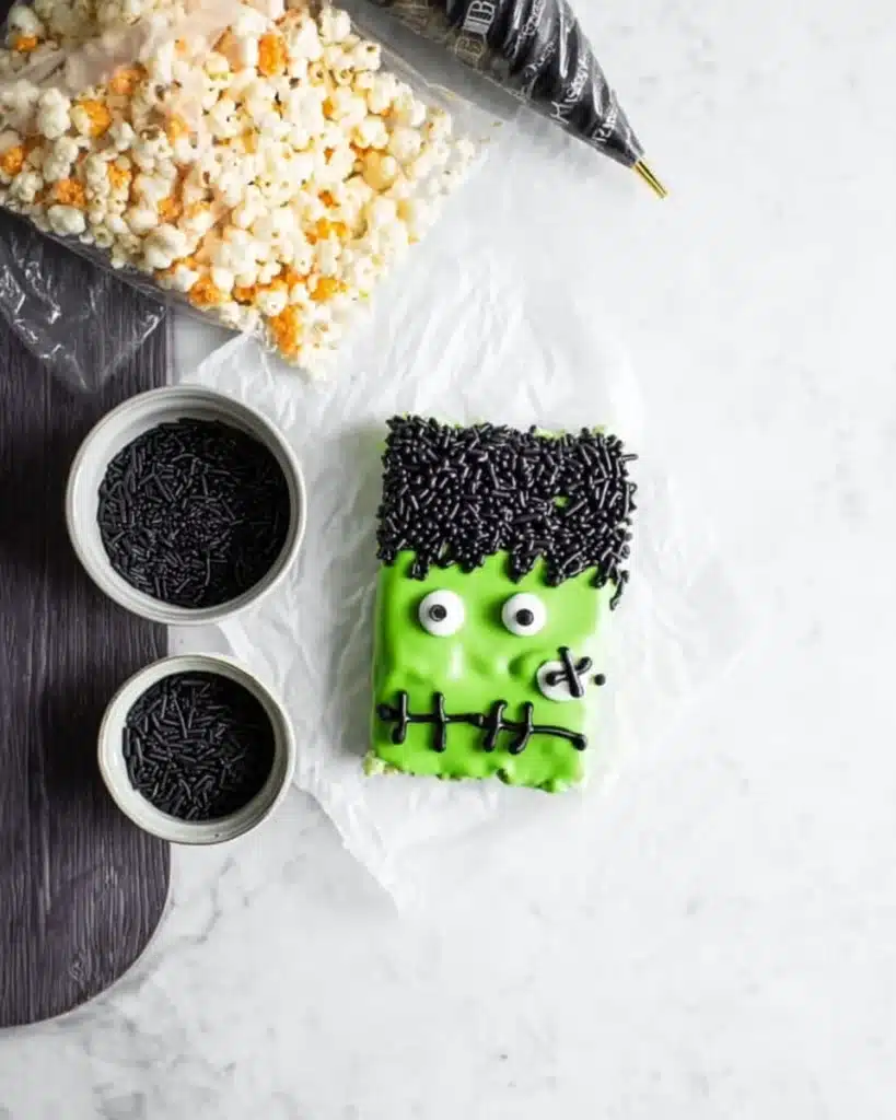 Frankenstein Rice Krispie treat decorated with candy eyes, sprinkles, and stitches