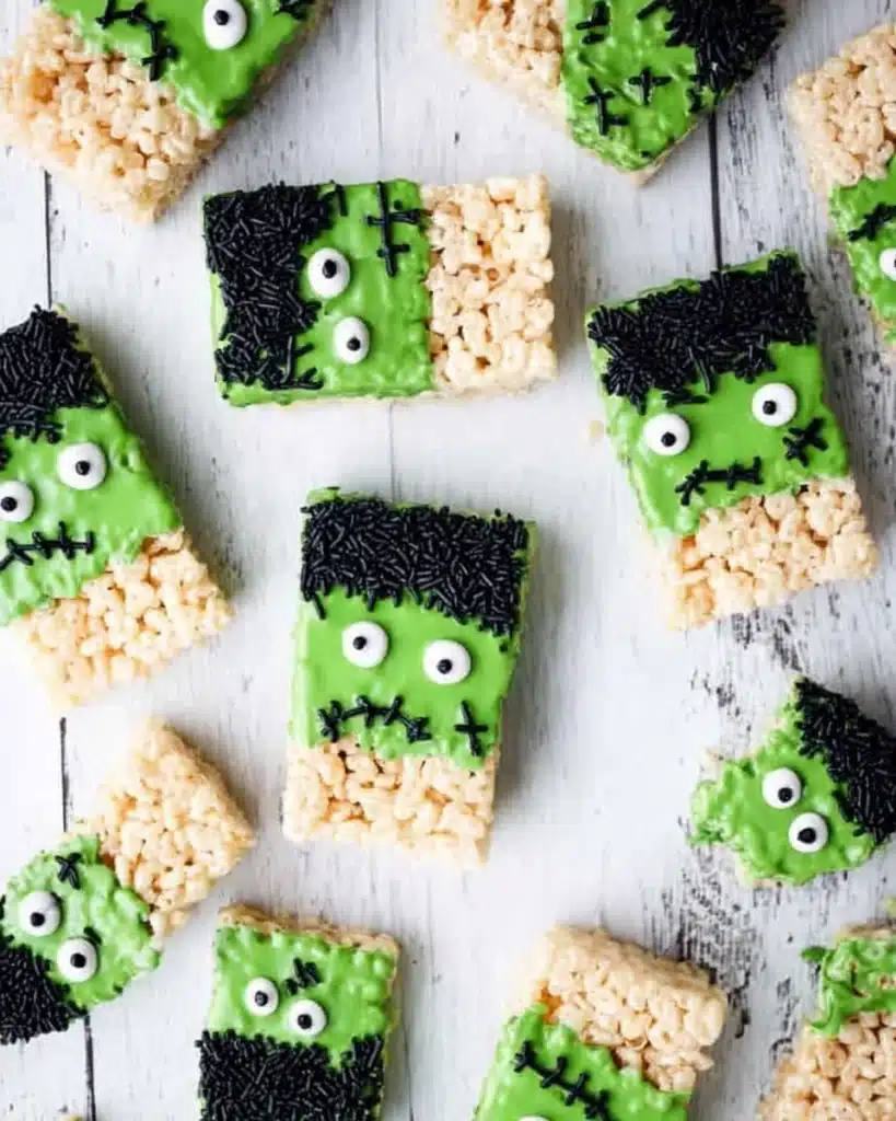 Frankenstein Halloween Rice Krispie treats decorated with green candy, sprinkles, and candy eyes