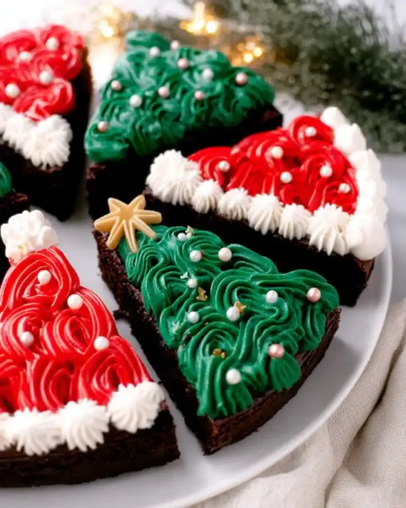 Close-up of frosted Christmas brownies decorated as trees and Santa hats