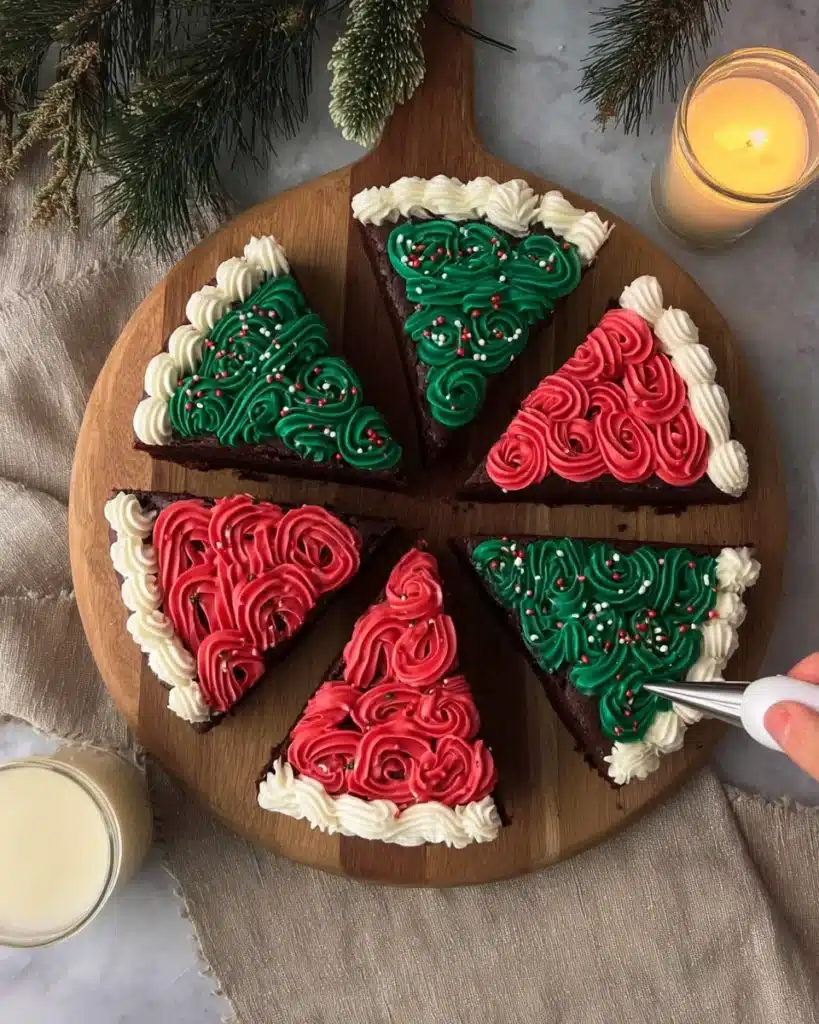 Adding white frosting trim to frosted Christmas brownies
