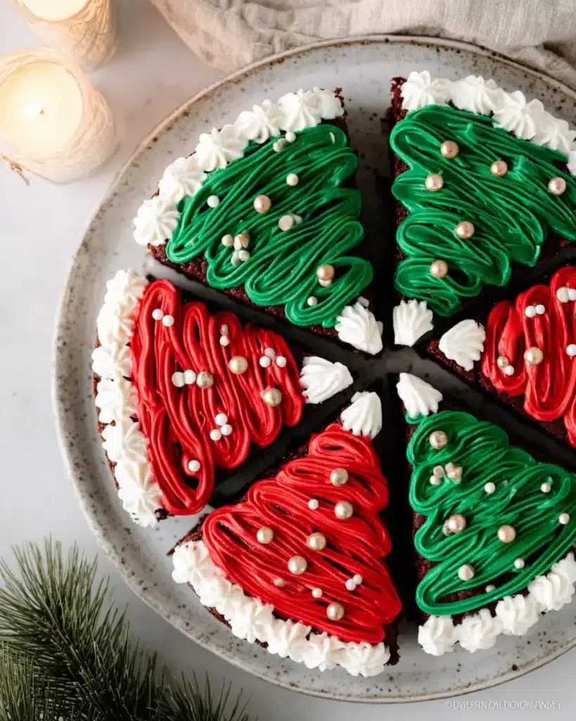 Frosted Christmas brownies decorated as trees and Santa hats on a holiday plate