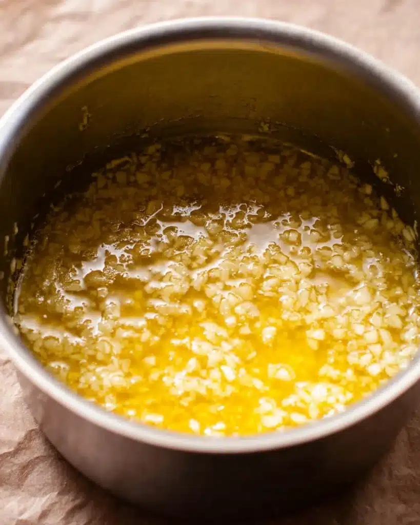 Melted garlic butter with minced garlic in saucepan