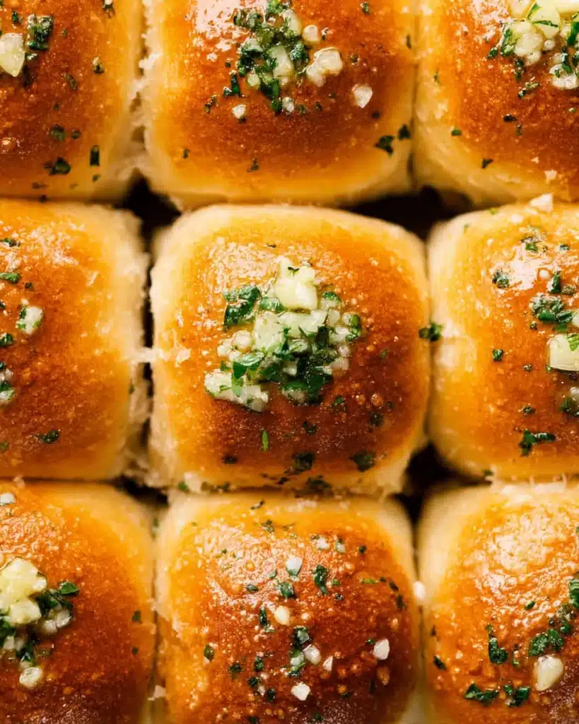 Golden garlic bread rolls topped with butter, garlic, and parsley