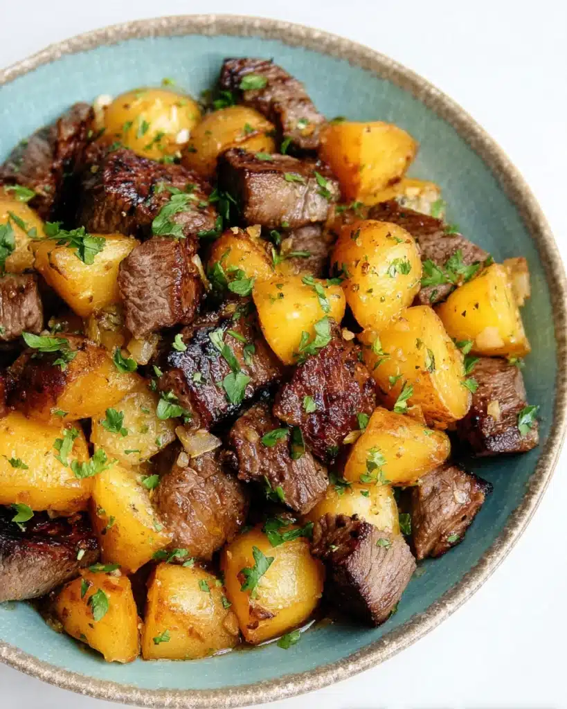 Garlic Butter Steak and Potatoes served in a bowl with herbs