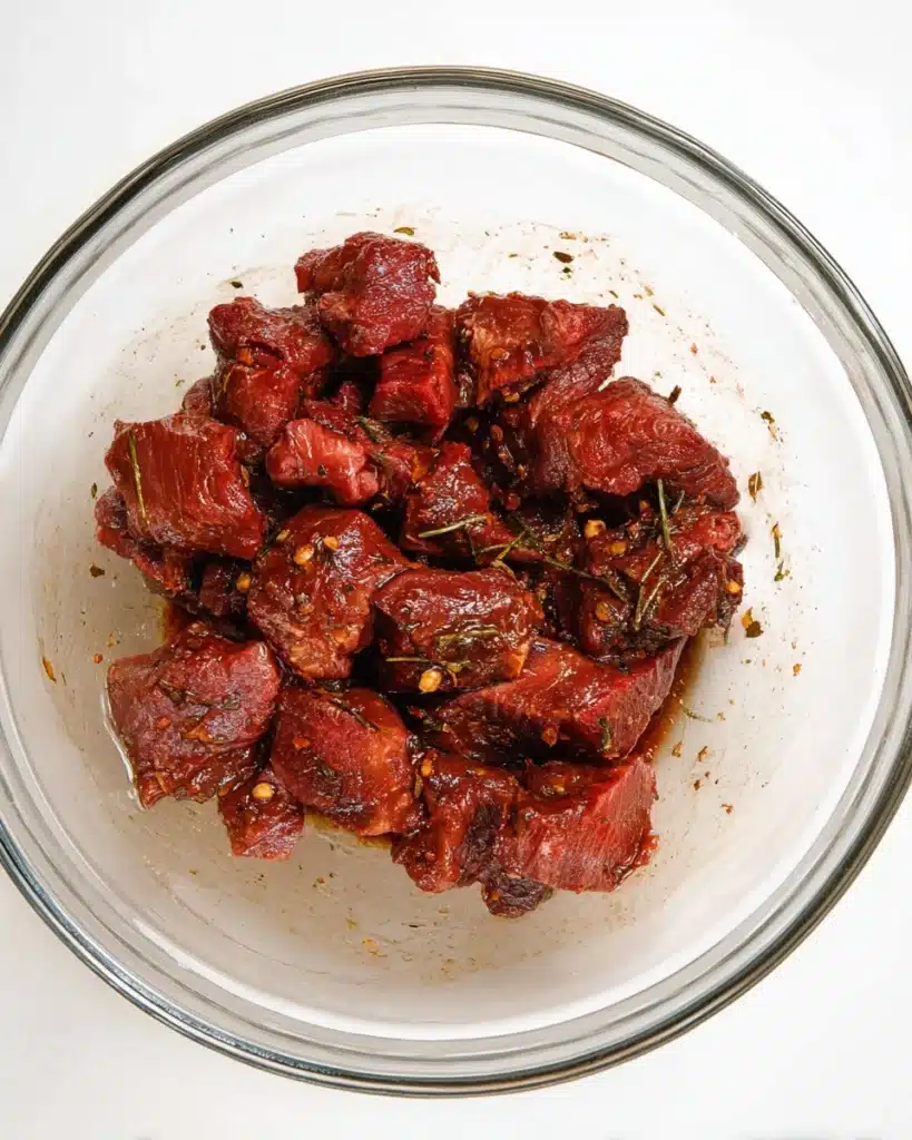 Marinated garlic butter steak cubes in a glass bowl