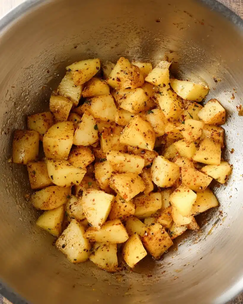 Seasoned potato cubes tossed with garlic butter spices in a mixing bowl