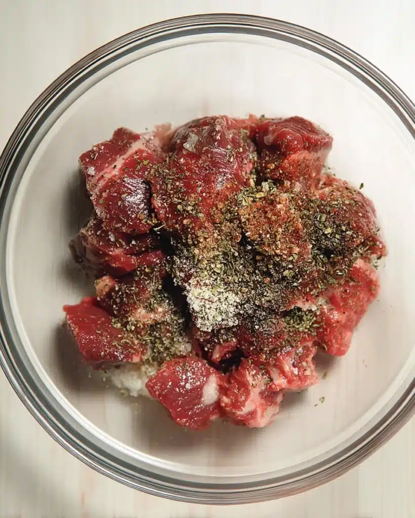Cubed steak seasoned with garlic butter spices in a glass bowl