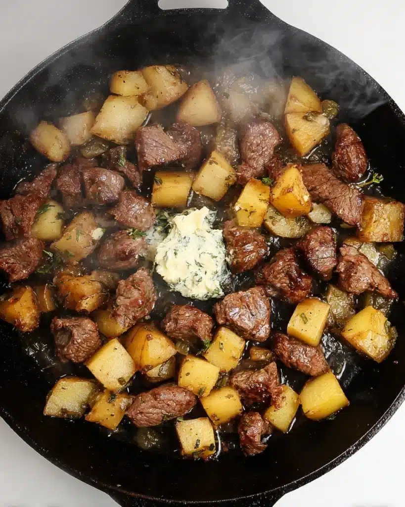 Steak bites and potatoes in skillet with melting garlic butter