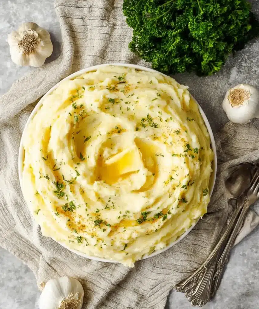 Creamy garlic mashed potatoes with melted butter and herbs in a rustic bowl