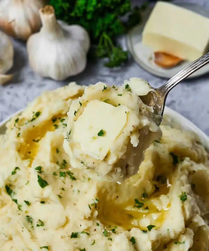 Spoonful of creamy garlic mashed potatoes with butter and herbs
