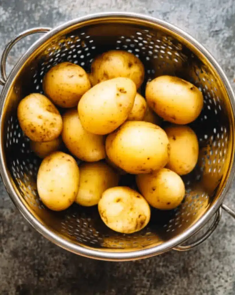 Fresh yellow potatoes in a metal colander on a stone countertop