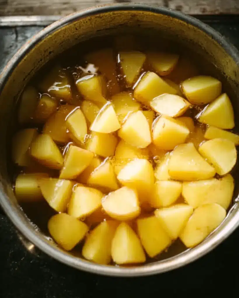 Chopped potatoes boiling in a pot of water on stovetop