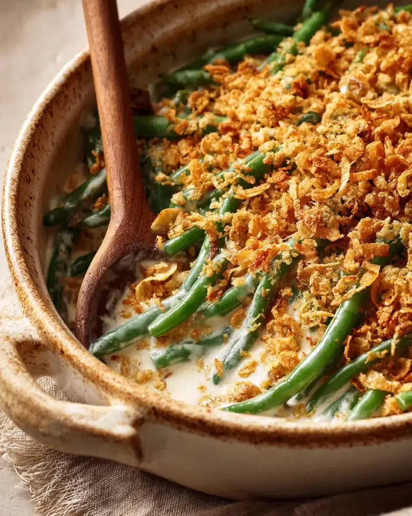 Green bean casserole with crispy breadcrumb topping in a white baking dish