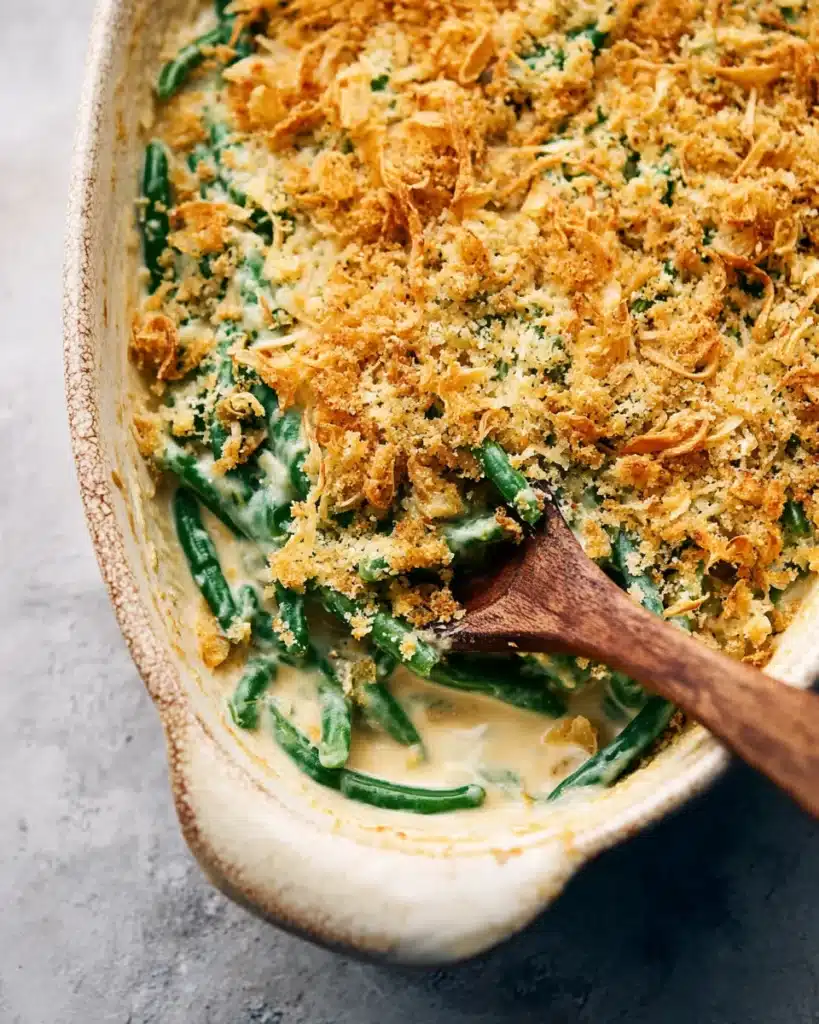 Green bean casserole with golden toasted breadcrumb topping