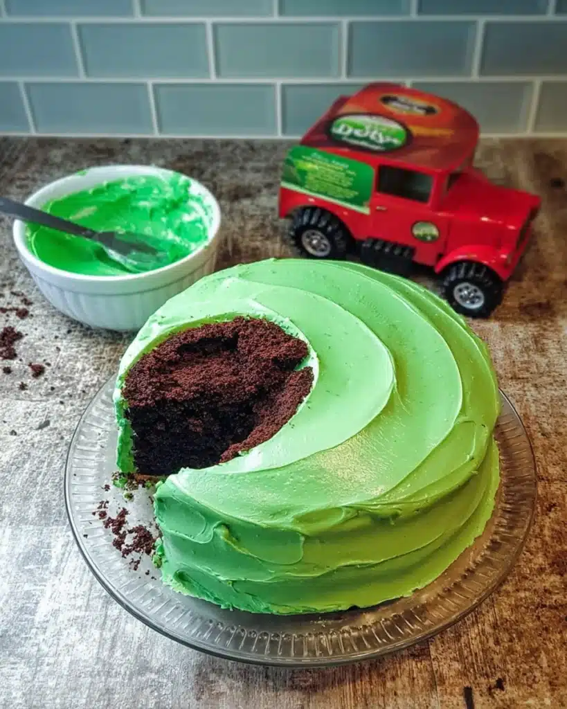 Chocolate cake frosted with green icing for monster truck cake design
