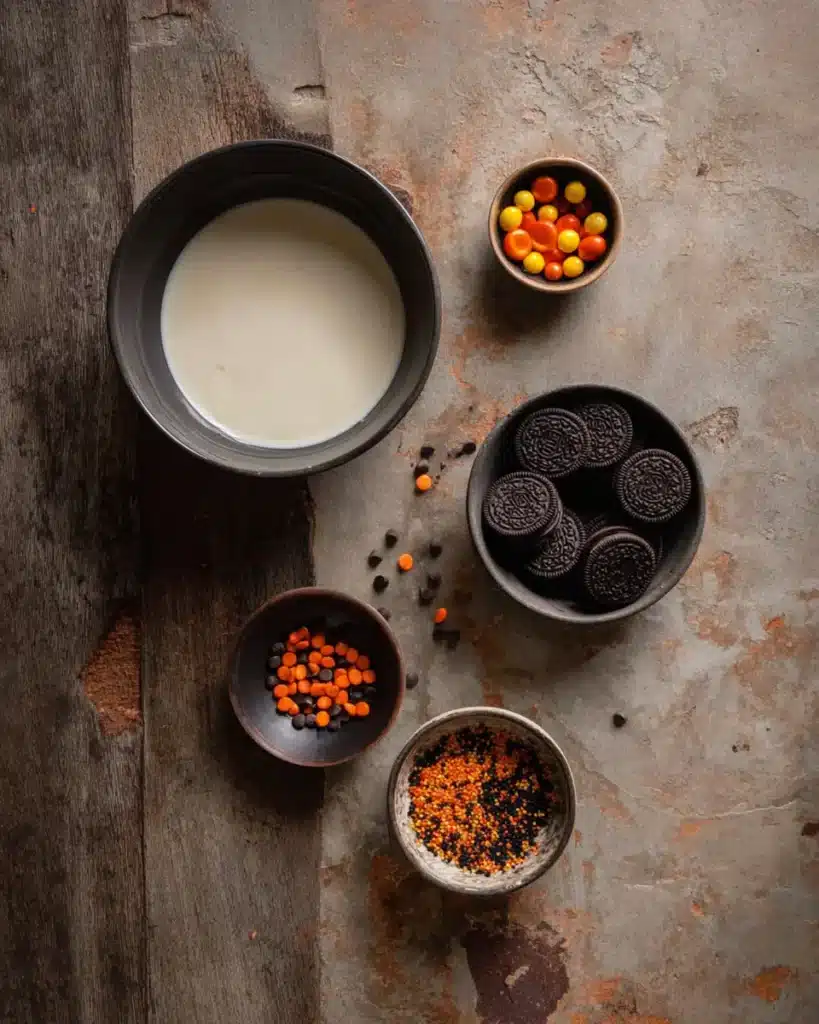 White chocolate Halloween Oreo bark ingredients with cookies and candy