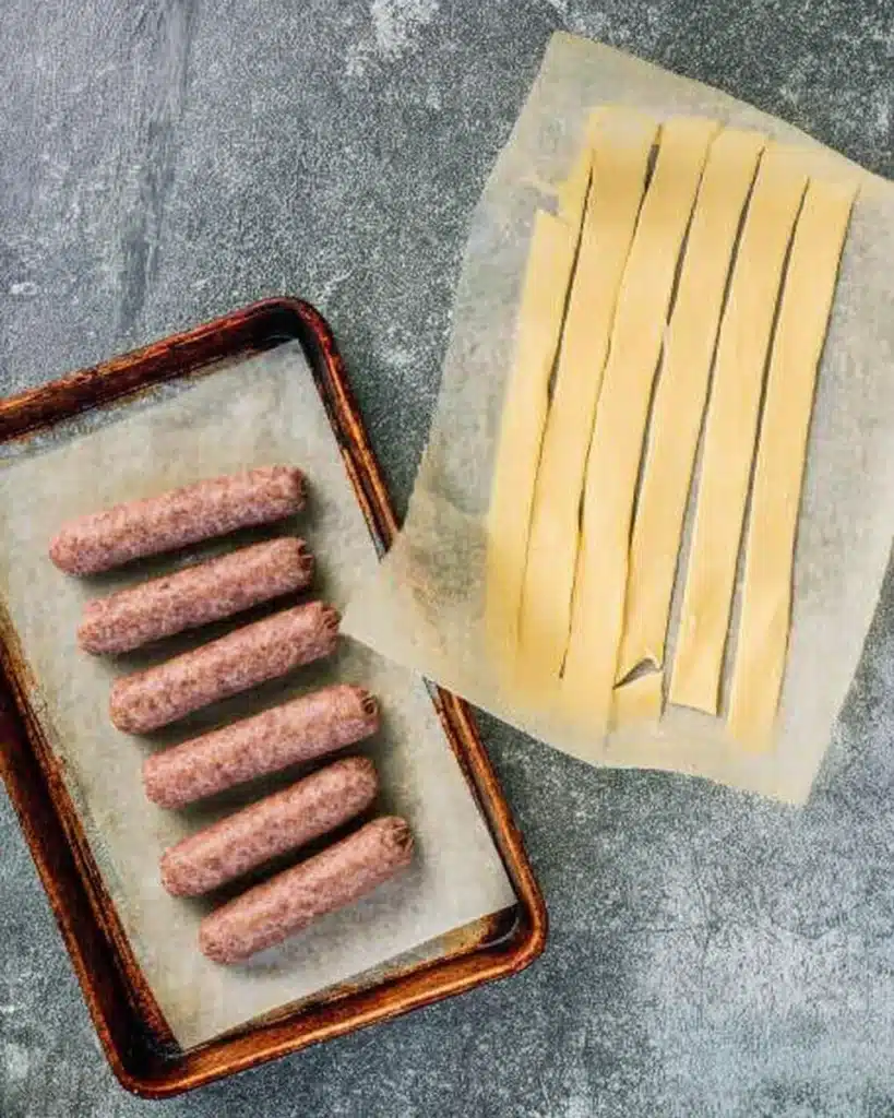 Sausages and puff pastry strips ready for Halloween Sausage Mummies