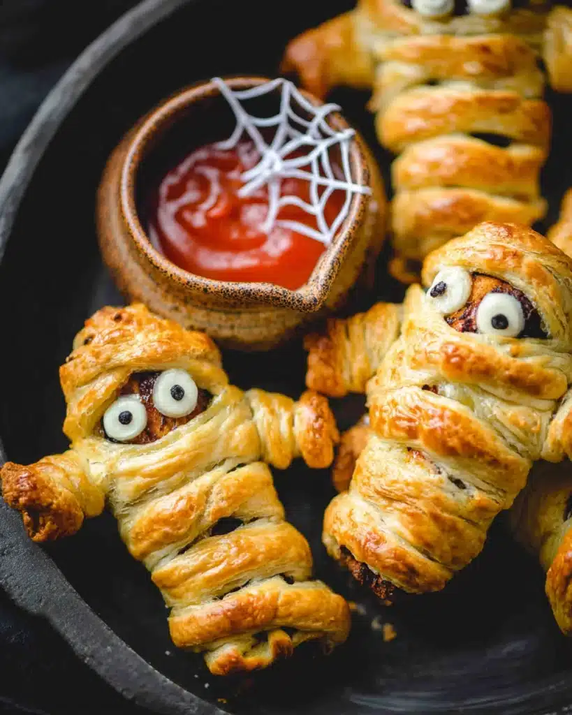 Golden puff pastry sausage mummies with edible eyes and spiderweb dip