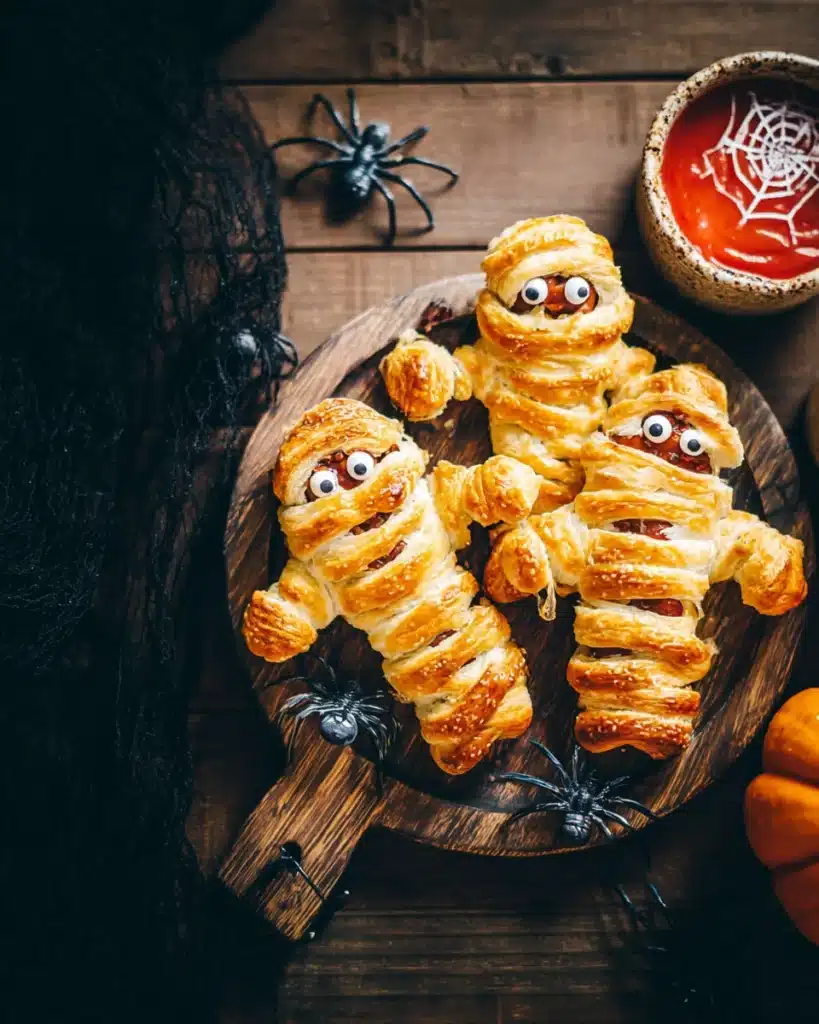 Halloween sausage mummies on wooden board with spiderweb dip