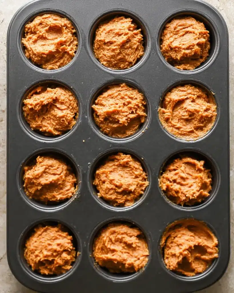Pumpkin muffin batter scooped into a 12-cup muffin tin