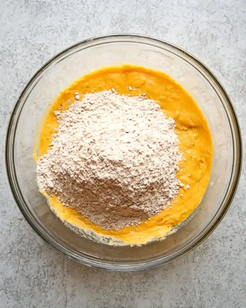 Dry flour mixture added to pumpkin batter in glass bowl