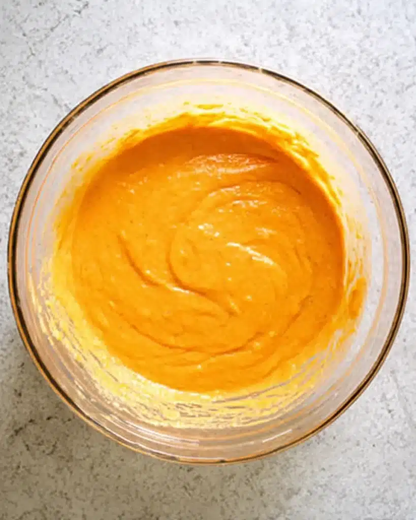 Smooth pumpkin batter for healthy muffins in a glass bowl