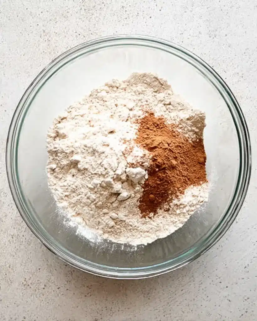 Dry ingredients for healthy pumpkin muffins in a glass bowl