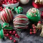 Christmas hot cocoa bombs with festive drizzle and sprinkles on holiday background