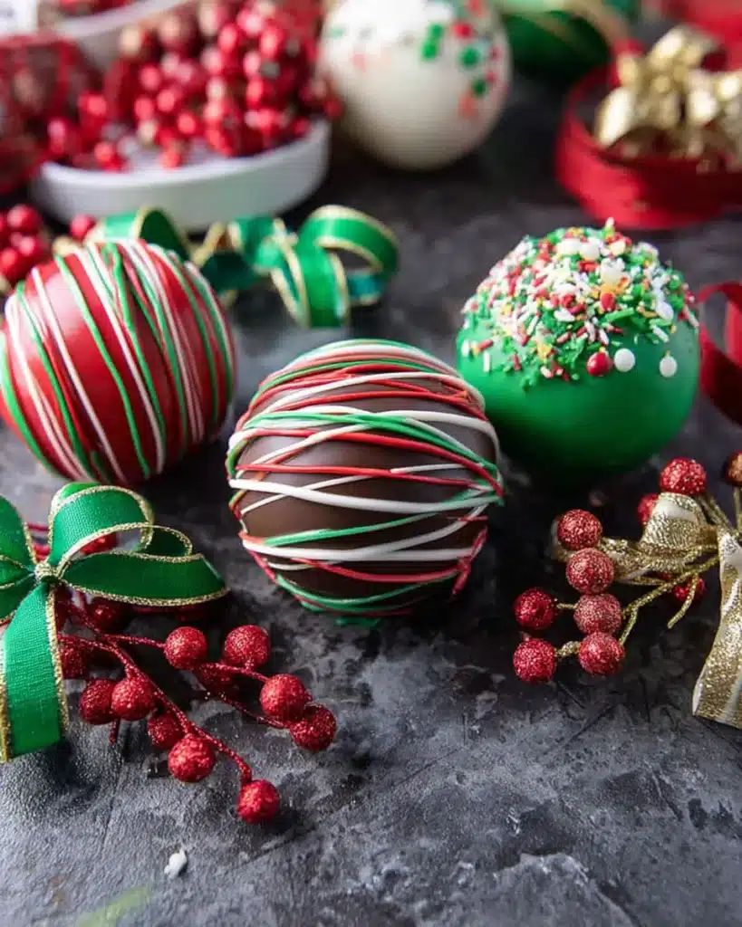 Christmas hot cocoa bombs with festive drizzle and sprinkles on holiday background