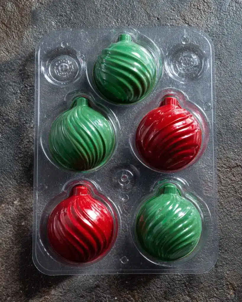 Hardened red and green hot cocoa bomb shells in ornament molds