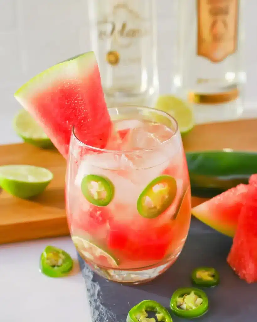 Finished La Bruja Cocktail with watermelon wedge and jalapeño garnish