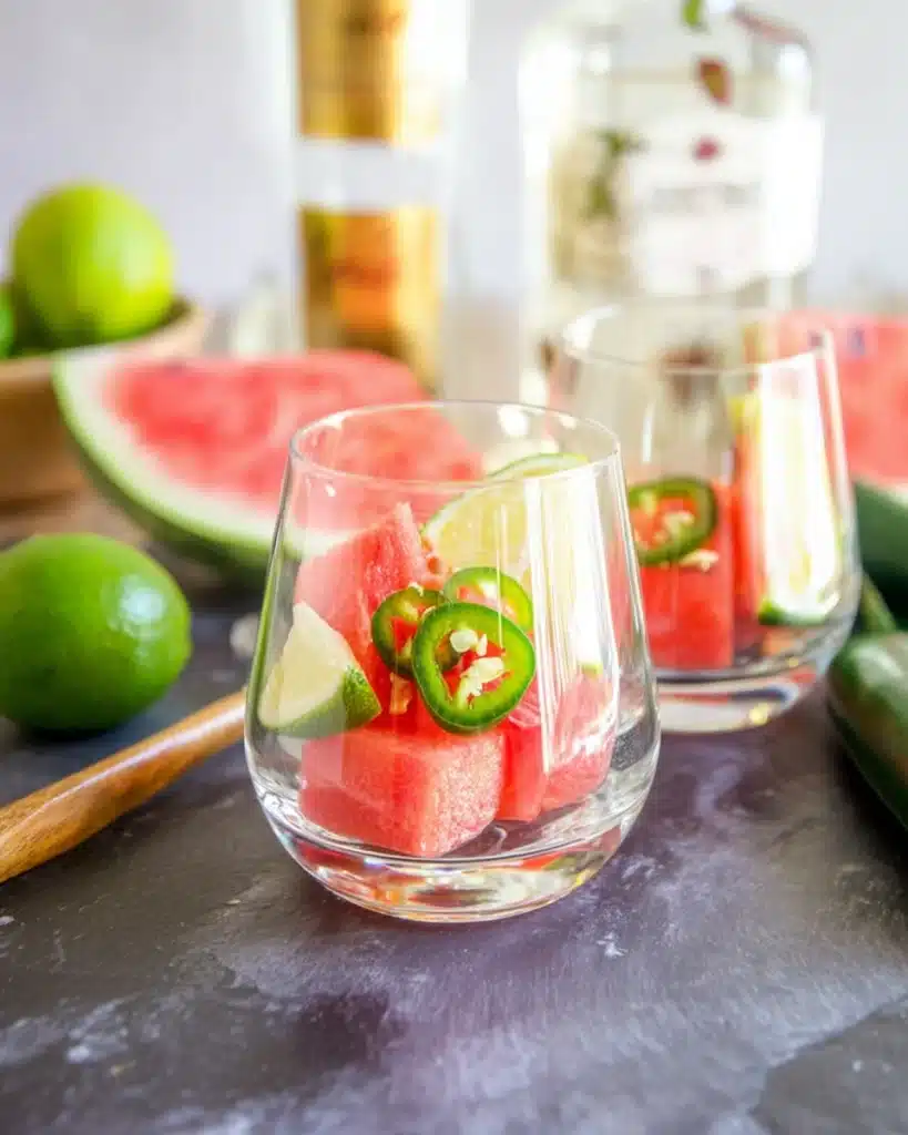 Fresh watermelon, lime, and jalapeño in glasses for La Bruja Cocktail prep