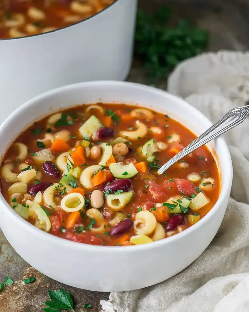 Bowl of classic minestrone soup with pasta, beans, and vegetables