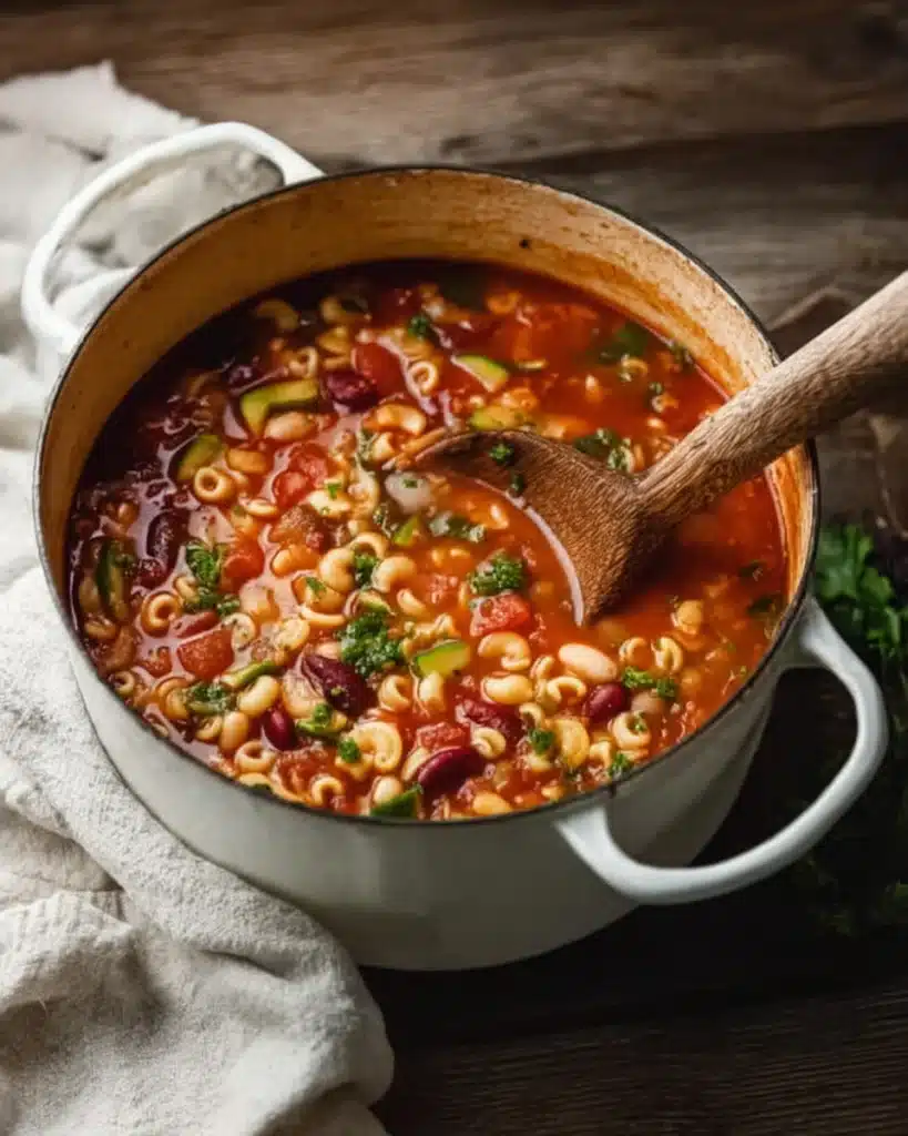 Pot of fully cooked minestrone soup with pasta, beans, and vegetables