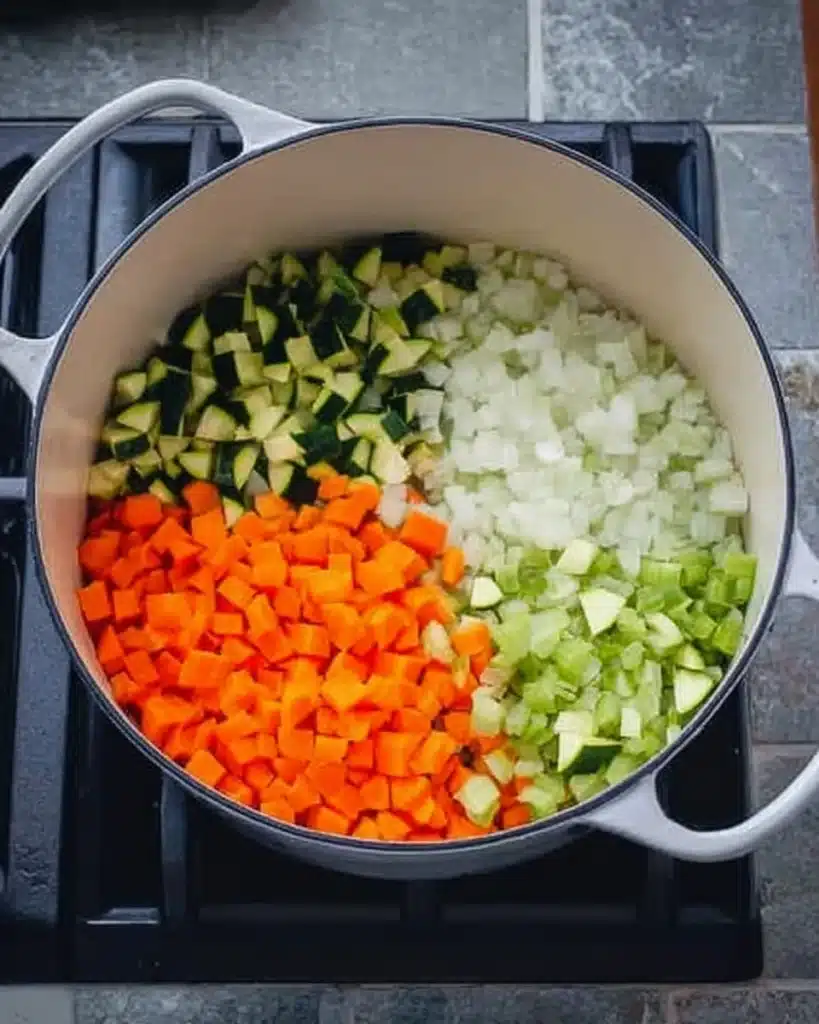 Chopped carrots, celery, onion, and zucchini in a pot for minestrone soup
