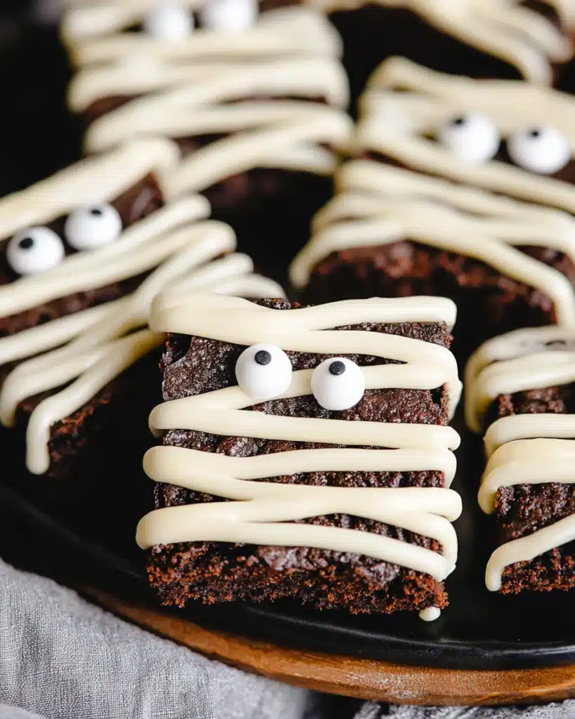Halloween mummy brownies with white chocolate drizzle and candy eyes