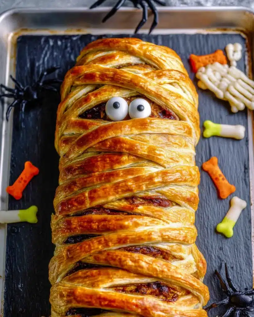 Halloween mummy meatloaf wrapped in golden puff pastry with edible eyes on a tray