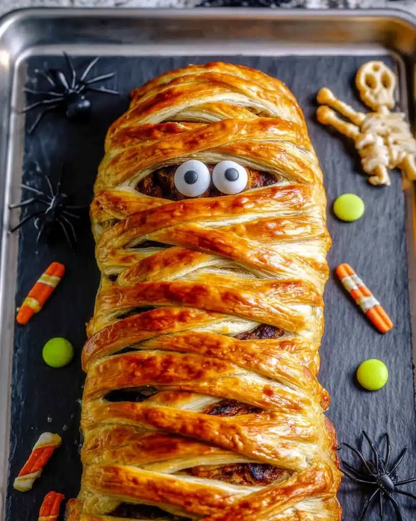 Golden baked mummy meatloaf wrapped in puff pastry with candy eyes and Halloween props