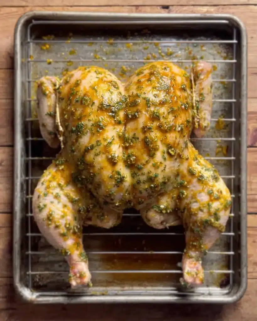 Spatchcocked chicken coated in orange herb marinade for Orange Chicken Roast with Fennel and Shallots