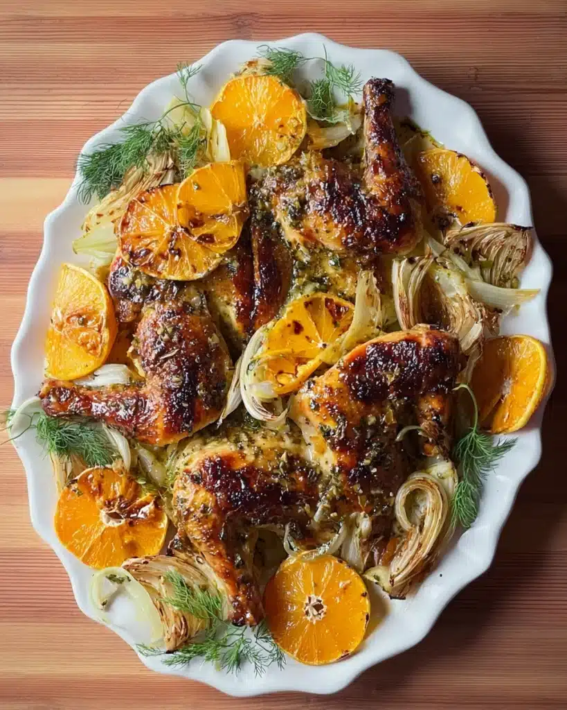 Orange Chicken Roast with Fennel and Shallots served with citrus and herbs