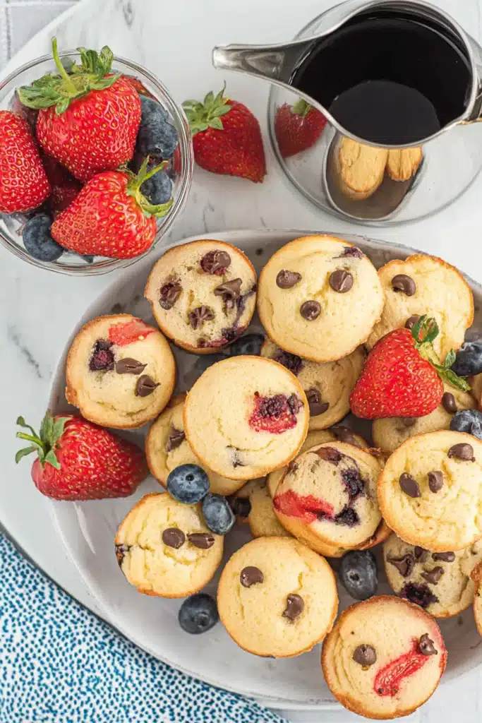 Pancake mini muffins on a white plate with blueberries, strawberries, and chocolate chips, served with fresh berries and maple syrup.