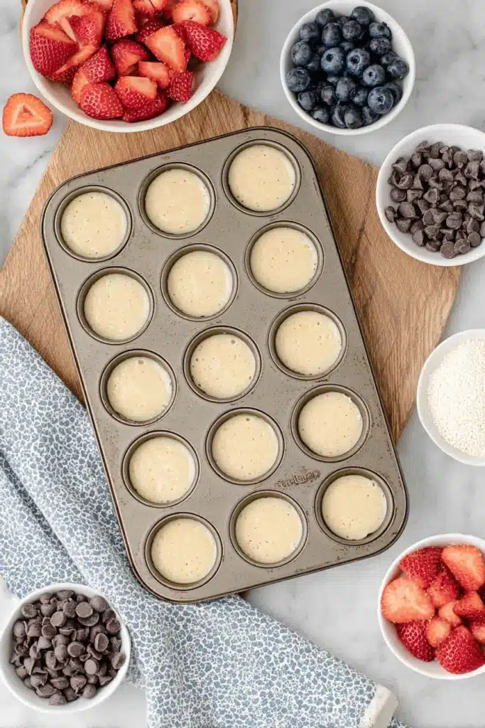 Overhead view of a mini muffin tin filled with pancake batter, surrounded by strawberries, blueberries, and chocolate chips ready for topping.