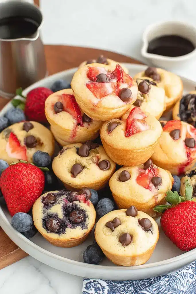 Stacked pancake mini muffins with chocolate chips, strawberries, and blueberries served with syrup and fresh fruit on a cozy breakfast table.