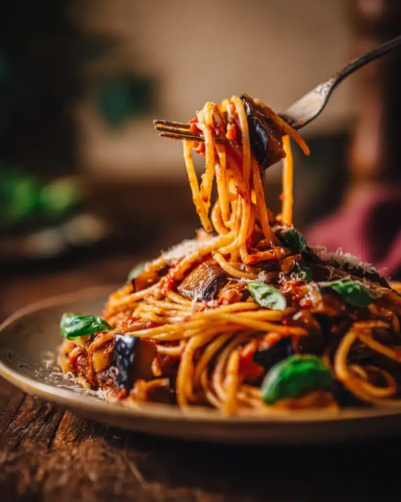 Fork twirling Pasta alla Norma with eggplant and tomato sauce