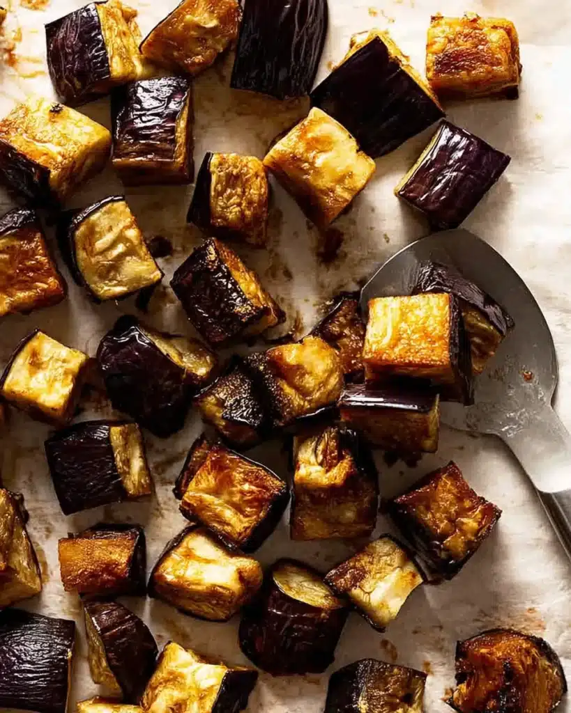 Roasted eggplant cubes for Pasta alla Norma recipe