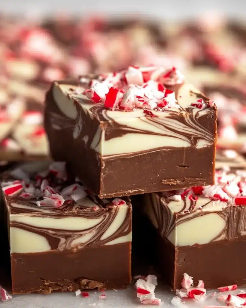 Peppermint swirl fudge square with bite showing creamy layers and candy cane topping